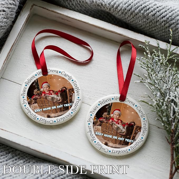 Personalized Photo Christmas Ornament 2025 for Baby's First Christmas Personalized Ceramic Keepsake with Name & Date Newborn Boy Girl Gift Idea