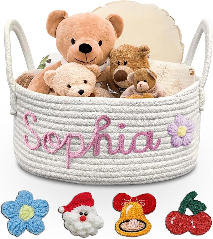 Personalized Baby Basket with Name - Custom Cotton Rope Storage Basket & Organizer for Nursery, Diaper Caddy and Keepsakes, Baby Shower Gifts