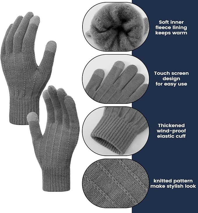 Women Winter Hat Beanie+Long Scarf+Touch Screen Gloves Set, Warm Clothes Set with Knit Fleece Lined for Women/Men Winter