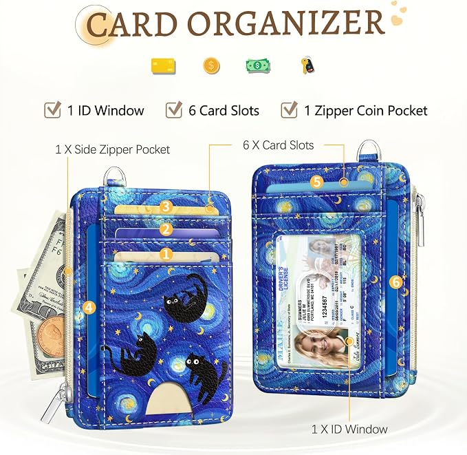 Kelvoris Credit Card Holder Small Wallet Women, Slim RFID, Blue Black Cat | Keychain, Zipper Coin Pocket, Front Pocket Thin Travel Card Case, Minimalist, 6 Card Slots, 1 ID Window, Ladies Gifts Woman