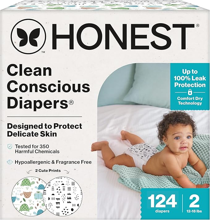 The Honest Company Clean Conscious Diapers for Sensitive Skin Up to 100% Leakproof Hypoallergenic Fragrance-Free Baby Gender Neutral Prints Super Club Box Size 2 (12–18 lbs) 124
