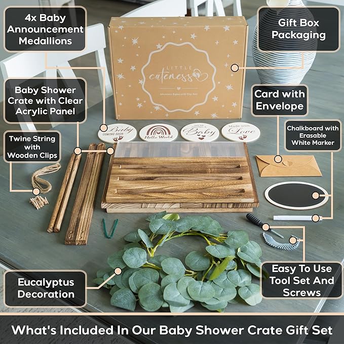 Wooden Baby Shower Crate Closet with Clear Acrylic Front - Customizable Wooden Crate Box with Dual Rod System, Easy Assembly Baby Baskets and Gift Display for Baby Shower (Burnt Wood)