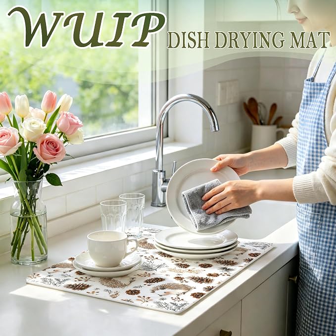 Cute Hedgehog Dish Drying Mats for Kitchen Counter, Hedgehog Gifts, Nature Pine Cone Absorbent Reversible Coffee Bar Mat Drying Pad for Kitchen Decor, 12x15 Inch