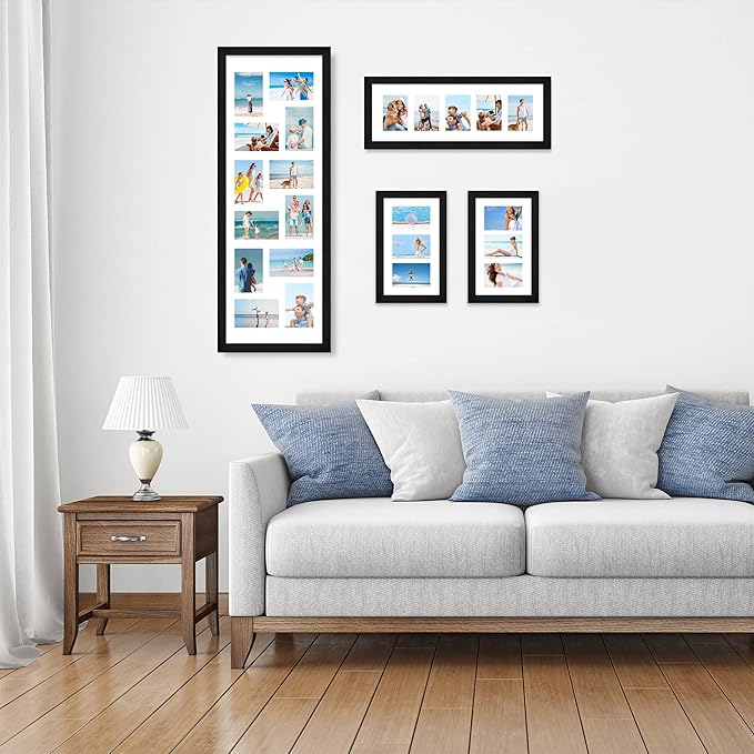 10x20 Picture Frame Set of 2, Rustic Black Wood Frame with Real Glass Collage Frame, Display Pictures Three 5x7 With Mat or 10 x 20 Without Mat - Horizontal or Vertical Wall Mounting