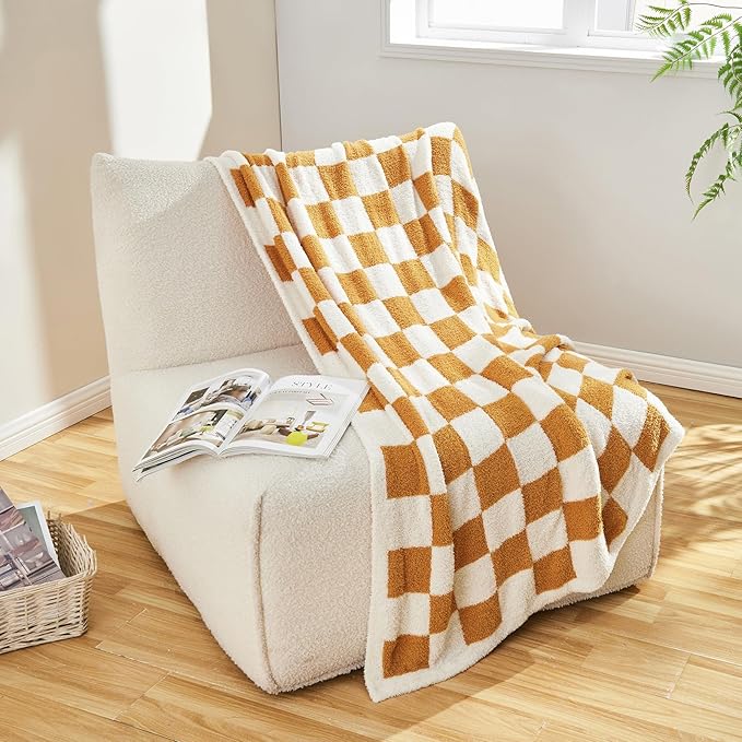 CozeCube Super Soft Fullfy Microfiber Reversible Knitted Blankets, Warm Cozy Fuzzy Plush Throw, Orange and White Checkered Throw Blanket for Couch Bed Sofa, 60" x 80"