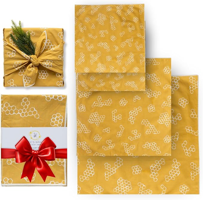 Bee's Wrap Furoshiki Reusable Cotton Fabric Wrapping Paper - Mustard Honeycomb Pack of 4 Gift Wraps - Gift Wrapping Supplies - Eco Friendly Alternative to Bags and Paper Rolls