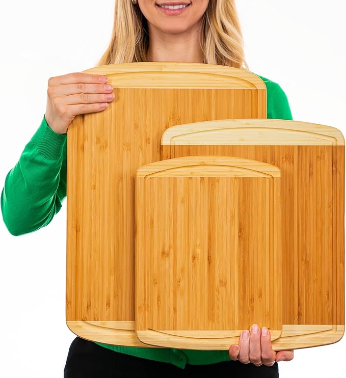 Organic Extra Large Bamboo Cutting Board Set of 3 with Lifetime Replacements – Premium Wooden Kitchen Boards for Chopping, Carving & Serving, Non-Toxic & Durable – by Greener Chef