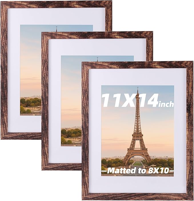 3 Pcs 11x14 Rustic Brown Wood Picture Frame - Display Pictures 8x10 with Mat or 11 x 14 without Mat - Distressed Brown Wooden Photo Frames for Wall Mounting 11 14 Matted to 8x10 Farmhouse Set of 3