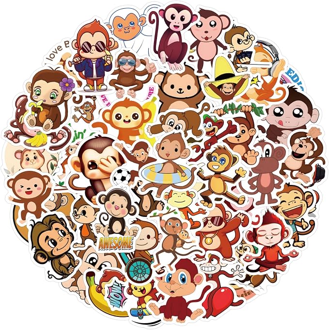 60Pcs Cute Monkey Stickers for Kids Teens Adults, Vinyl Cartoon Animals Decals Kawaii Sticker for Decor Water Bottles Laptops Guitar Scrapbook (Monkey)