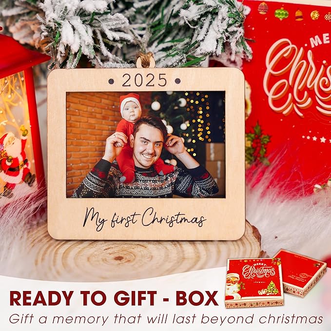Babys First Christmas Ornament 2025 Girl And Boy - Wooden Landscape Picture Frame Ornaments For Tree - My First Christmas Ornament - New Dad Gift - Baby's First Christmas Gifts 2025