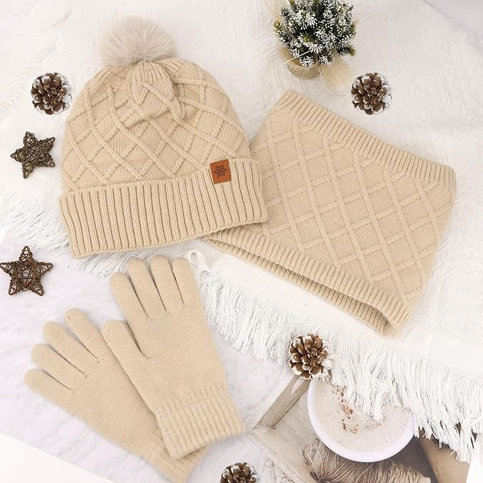 YARIEW Winter Hat Neck Warmer and Gloves Set for Women, Warm Knitted Beanie with Pom Pom, Soft Ear Warmer Scarf, Warm Gloves