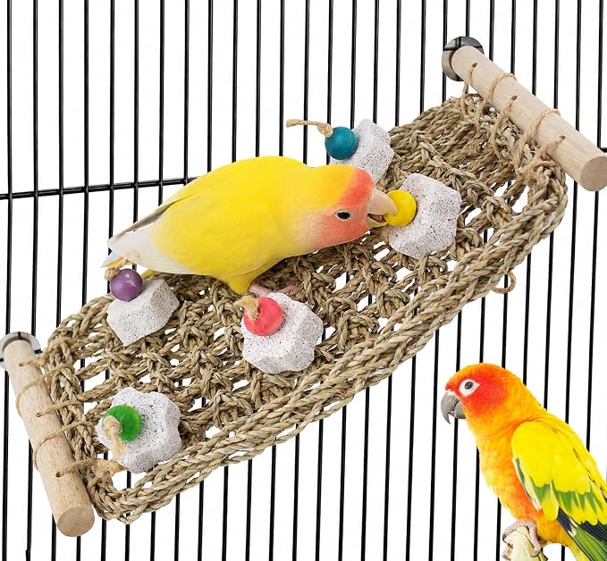 FlidRunest Conure Seagrass Mat with Grinding Calcium Stone Chewing Toy | Parrot Beak Grinding Stone and Seagrass Ladder Bridge Stands, Hand-Woven Net Climbing Net for Budgie Parakeet
