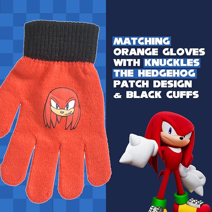 Concept One Sonic The Hedgehog Beanie Hat and Glove Set, Kids Knitted Winter Hat and Gloves