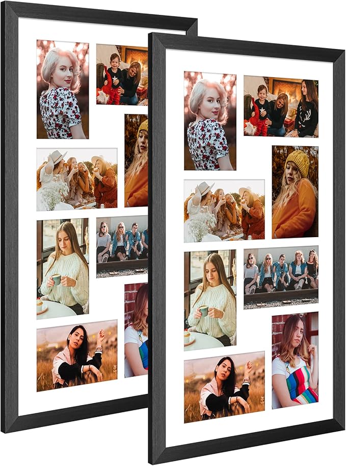 11.8x21.8 Collage frame with 8 Openings 4X6 Pictures, Multiple Picture Frame with Mat, Wall or Tabletop Decor, Black Wood Grain,2 Pack