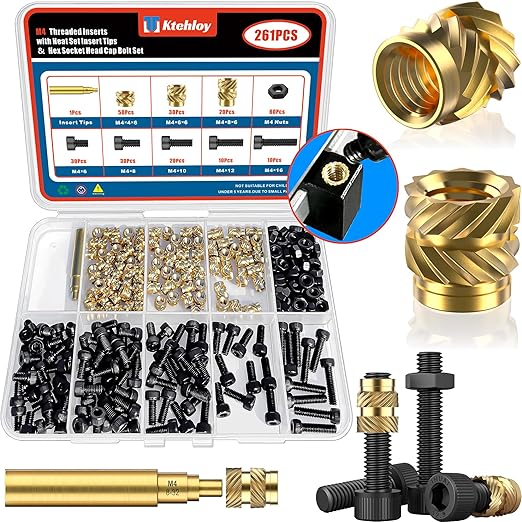 261Pcs M4 Threaded Inserts with Heat Set Insert Tips & Hex Socket Head Cap Bolt Set, Brass Heat Set Insert for Plastic and 3D Printing Components
