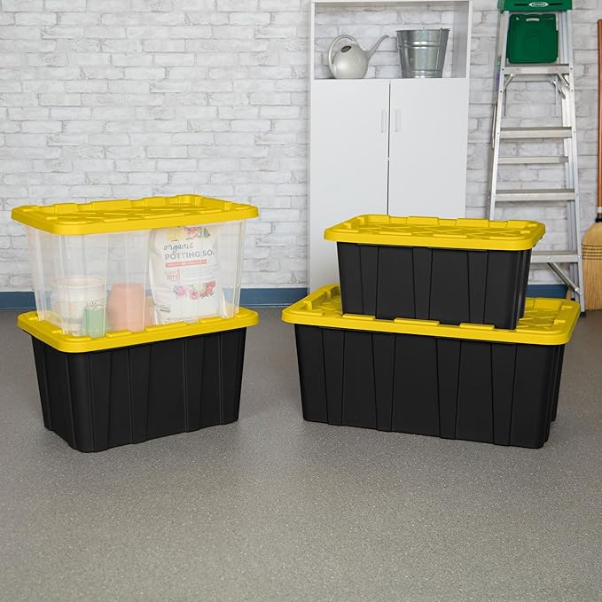 Sterilite 4 Tier Tote Rack, Vertical Plastic Organizer with 4 Pack 27 Gallon Industrial Storage Totes, Clear - for Garages, Workshops, or Basements