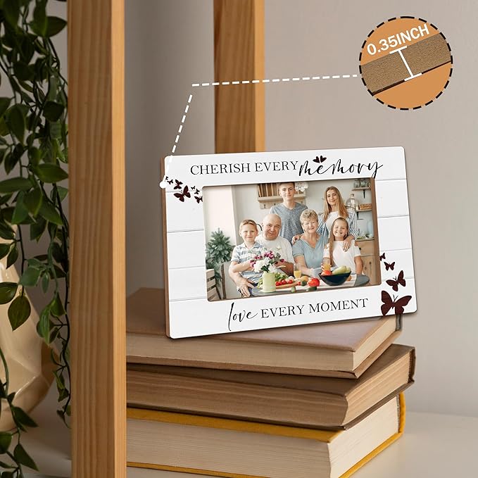 Family Photo Frame, Housewarming Gifts for Family Mom, Long Distance Wooden Photo Frames, Cherish Every Memory and Love Every Moment Decorative Picture Photo Frame for Desk Table 4X6 Photos