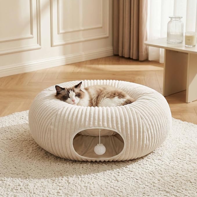 Cat Tunnel Bed with 40 Pcs Interactive Cat Toys, White | Cat Tube with Kitten Toys for Indoor Kittens, Collapsible Play Tunnel, Cat Gifts