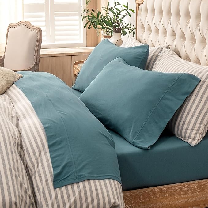 PURE ERA Jersey Knit 4pc Bed Sheet Set 100% T-Shirt Cotton Super Soft Comfy Breathable Fits Mattress Up to 20" Extra Deep Pocket (Solid Cerulean Blue, King)
