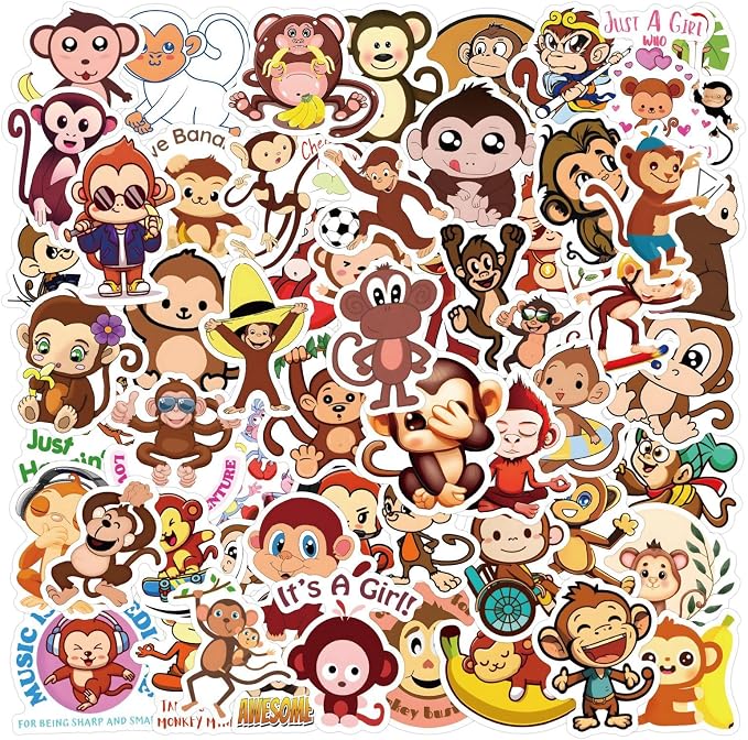 60Pcs Cute Monkey Stickers for Kids Teens Adults, Vinyl Cartoon Animals Decals Kawaii Sticker for Decor Water Bottles Laptops Guitar Scrapbook (Monkey)