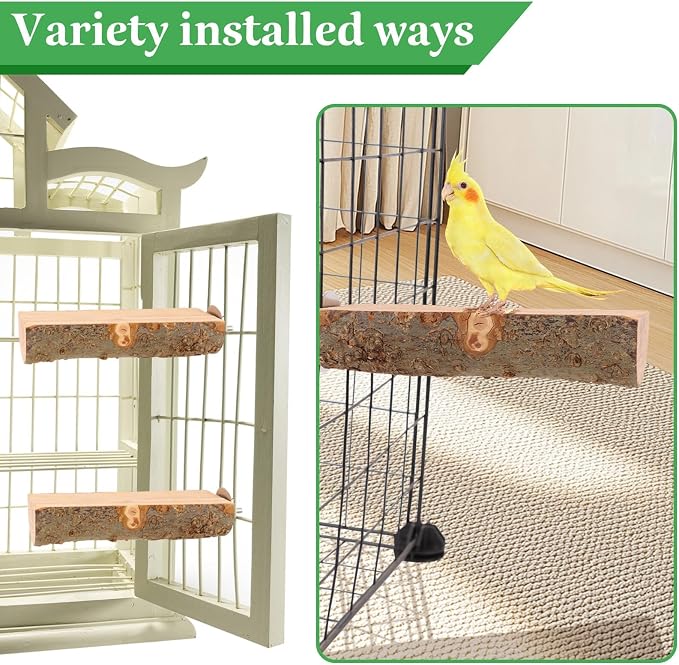 2 Pcs Natural Apple Wood Bird Perch Platform for Cage | Fits Small Parrots (Budgies, Conures) | Flat Top & Bark Underside to Support Foot Health | Tool-Free Mount
