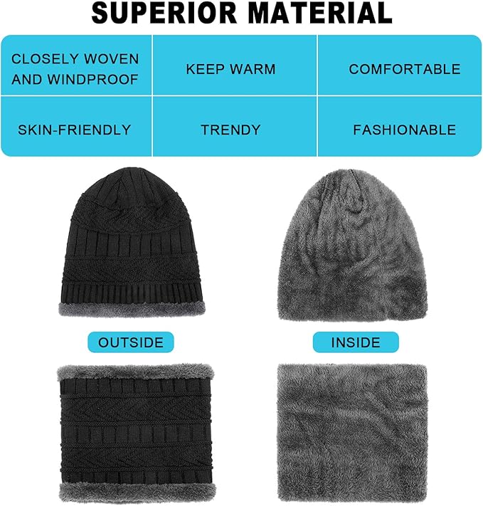 Winter Fleece Lined Beanie Hat Scarf Sock Touchscreen Gloves Set for Men Women