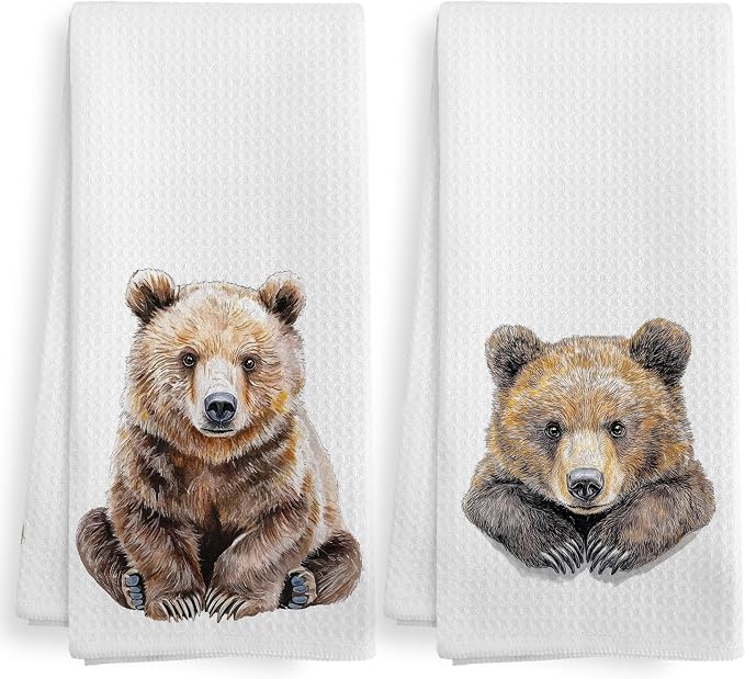 Funny Bear Kitchen Towels and Dishcloths Sets of 2, Bear Decor Gifts, Woodsy Rustic Cabin Lodge Forest Mountain Nursery Camper Home Decor Dish Hand Tea Towels for Bathroom Kitchen, 16x24 Inch