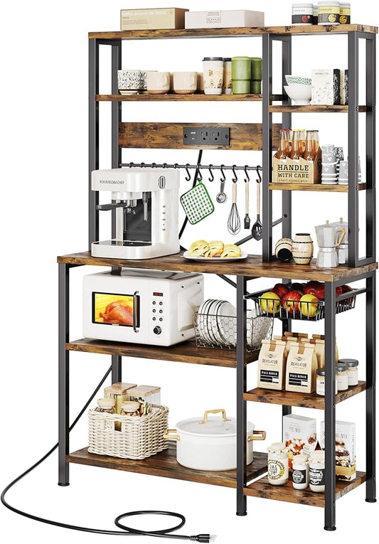 GRUSIGN Kitchen Bakers Rack with Storage, 6-Tier Coffee Bar Station with Power Outlet, Microwave Stand with 12 S-Shaped Hooks, Open Kitchen Storage Shelves for Spices, Pots and Pans, Rustic Brown