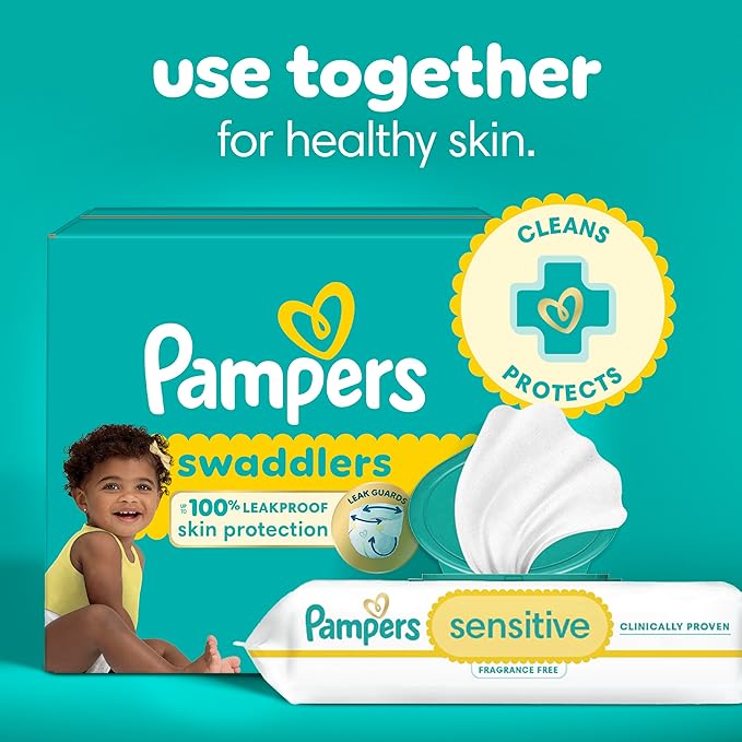 Pampers Baby Wipes Sensitive, Water Based Hypoallergenic and Unscented 504 Total (6 Flip-Top Packs)