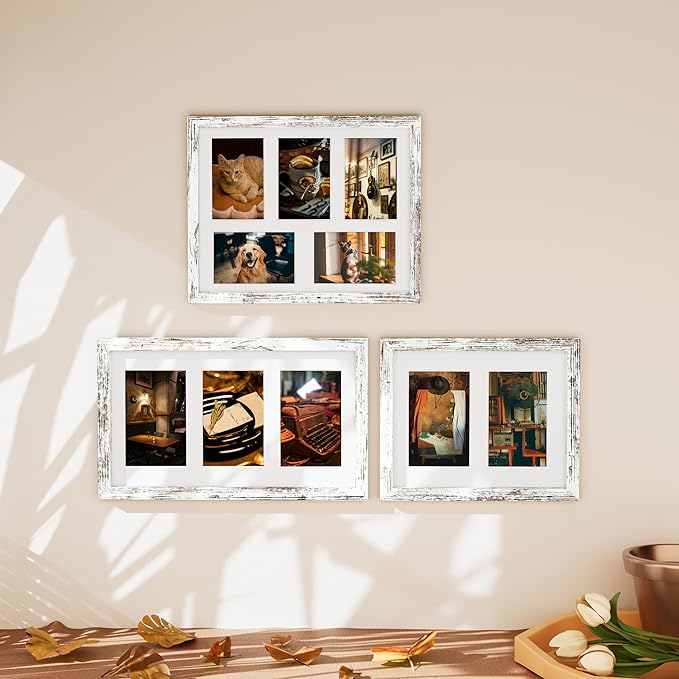 Vittanly 11x14 Collage Picture Frame, Displays 5Pcs 4x6 Pictures with Mat or 1Pcs 11x14 without Mat for Wall Mounting, Picture Frames Collage Wall Decor in Distressed White, 1 Pack