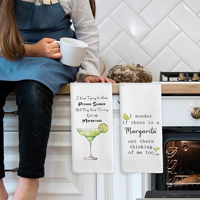 Funny Margarita Kitchen Towels Set of 2, Bar Towels for Kitchen, Margarita Lovers Gift I Keep Trying to Make Protein Shakes Hand Towel, Margaritas Bar Cart Decorative Tea Towel 16x24 Inch