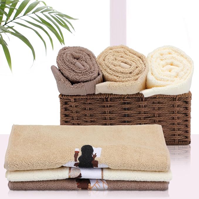 3 Pcs African American Woman Hand Towels for Bathroom | African Black Girl Bathroom Decor, Brown Decorative Farmhouse, 100% Cotton Embroidered Kitchen Towels, 13.3 x 29.5''