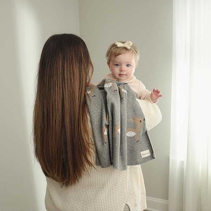 Knit Baby Swaddle Blanket - 100% Cotton Soft Cozy Receiving Swaddling Crib Stroller Quilt Blanket for Shower Gift Registry for Newborns, Infants, Toddlers, Unisex (Deer - Grey)