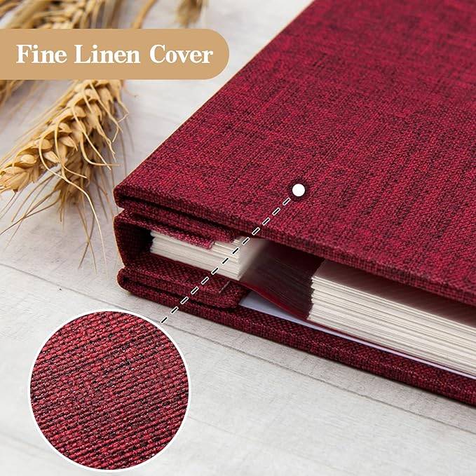 potricher Large Photo Album Self Adhesive 3x5 4x6 5x7 8x10 Pictures Linen Cover 40 Blank Pages Magnetic DIY Scrapbook Album with A Metallic Pen (Red, 11x10.6 Inches 40 Pages)