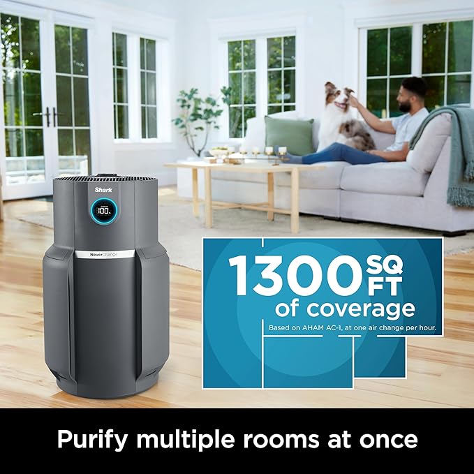 Shark Air Purifier for Home, NeverChange Max, 1,300 sq. ft. for Large Room, Kitchen, Home Office, HEPA-Exceeding Filter, Captures Pollutants, Pet Dander, Dust, Odor, Smoke, and More, HP301, Grey