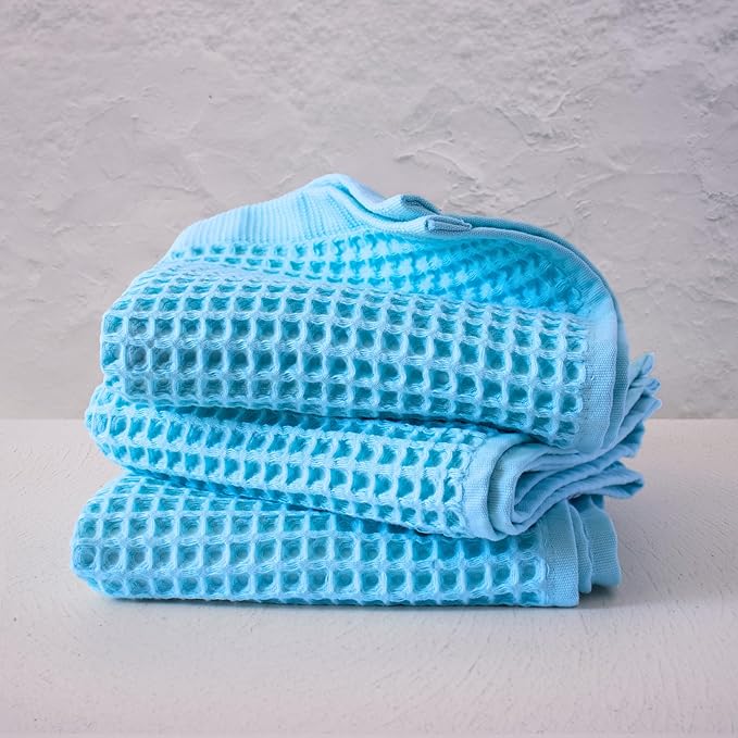 PÜSKÜL - Set of 3 Organic Waffle Hand Towel Turquoise - Premium Quality, 100% Turkish Cotton, Soft, Quick-Dry, Absorbent, Lint-Free Face Kitchen Hand Towels (Turquoise, Hand Towels - Pack of 3)