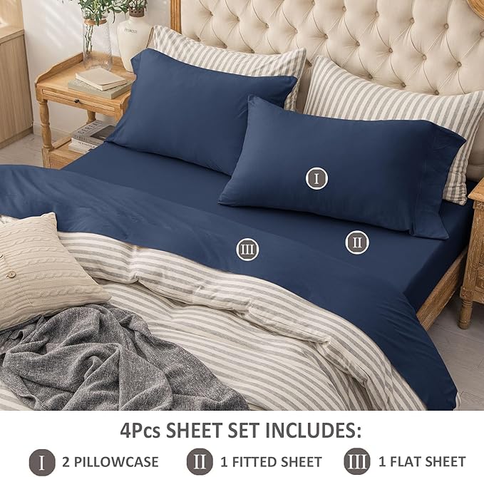 PURE ERA Jersey Knit 4pc Bed Sheet Set 100% T-Shirt Cotton Super Soft Comfy Breathable Fits Mattress Up to 20" Extra Deep Pocket (Solid Navy Blue, King)
