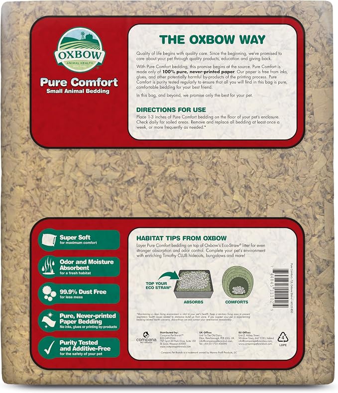 Oxbow Small Animal Bedding, Hamster, Guinea Pig, Rabbit, Natural, USA, 56 L | Pure Comfort, Hamster Bedding, Guinea Pig Bedding, Low Dust, Virgin Paper, Litter Box, Bunny, Rats, Gerbils, Chinchillas