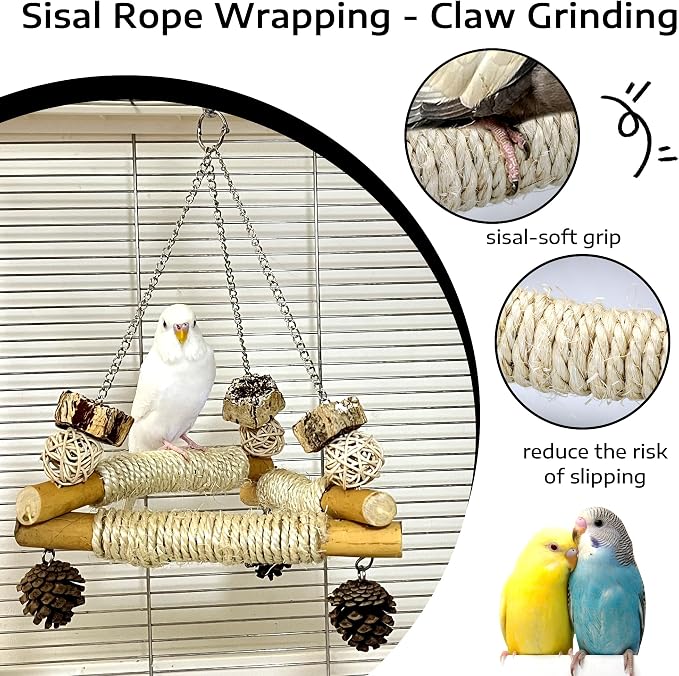 Bird Swing for Cage with Chew Toys, 3 Sisal-Wrapped Stable Perches(S) | Stable Triangle Design Parrot Perch Swing, Wooden Hanging Parakeet Toys for Cockatiel Lovebird Conure Quaker Balance Training