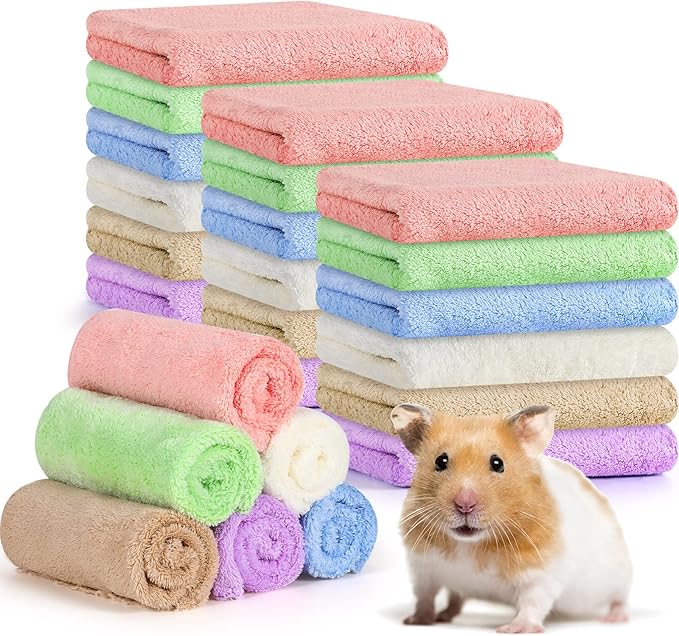 Newwiee 24 Pcs Guinea Pig Fleece Bedding Blankets Bulk Washable Small Animal Fleece Cage Liners Pet Wash Cloth Sleeping Mat Cover for Hamster Chinchilla Rabbit Hedgehog (12 x 12 Inch,Multicolor)