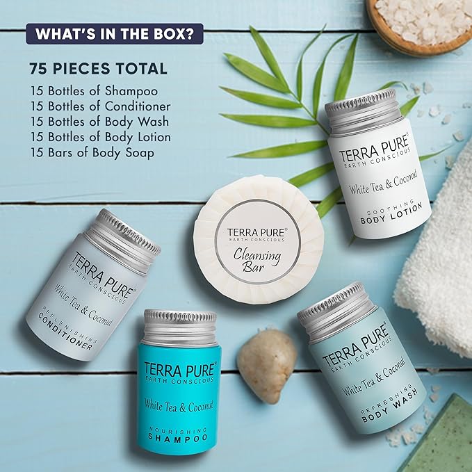 Terra Pure White Tea & Coconut Toiletries Set | 1-Shoppe Amenities Kit | 1oz Liquids, 1.25oz Bar Soap | Hotels, Airbnb & Rentals | 75 Pieces