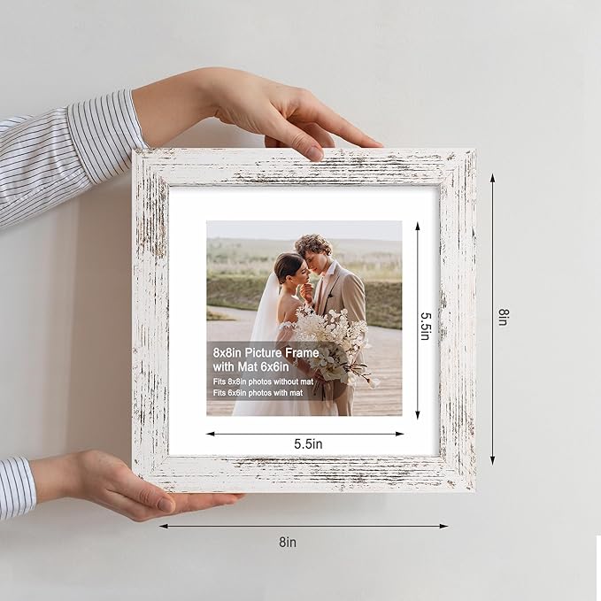 8x8 Picture Frame Set of 4, Made of Glass and Multicolour Wooden Frame, 8 by 8 Photo for Wall or Tabletop - Display Picture 6x8 with Mat or 8x8 Without Mat