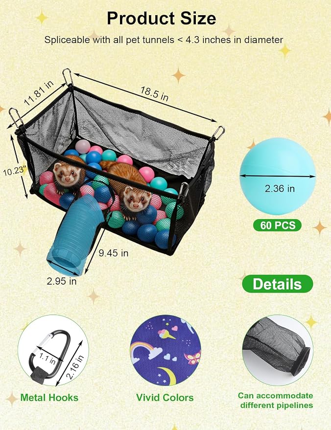 Ferret Ball Pit with 50 Pack Balls for Ferret Cage - Ferret Hammock for Cage Compatible with Tunnel System (Included 50 Pcs Ferret Toys Balls)
