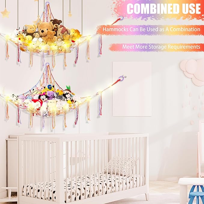 CERETIA Stuffed Animal Hammock with LED Light, Large Stuffed Animals Storage Corner Plushie Net for Kids Room Decor, 2 Packs Rainbow