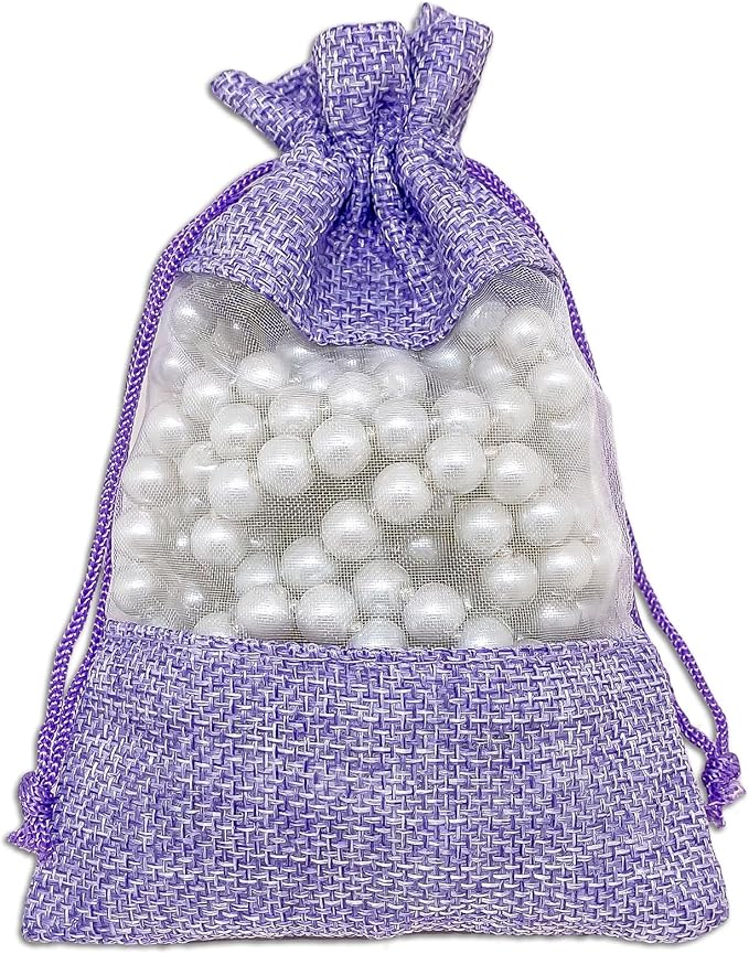 48-Pack Small Linen Burlap & Organza Gift Bags w. Drawstrings (3.5x5.5 in, Lavender) - Party Favors, Presents, Samples & Treats Mesh Pouch by The Display Guys