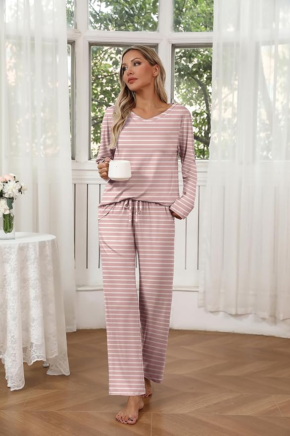 Ekouaer Womens 2 Pack Pajama Set Long Sleeve Pajamas Top and Pants V Neck Pjs Set Soft Loungewear with Pockets