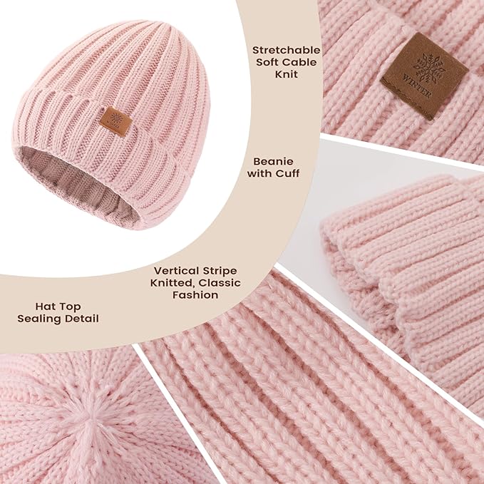 Women Winter Hat Beanie+Long Scarf+Touch Screen Gloves Set, Warm Clothes Set with Knit Fleece Lined for Women/Men Winter