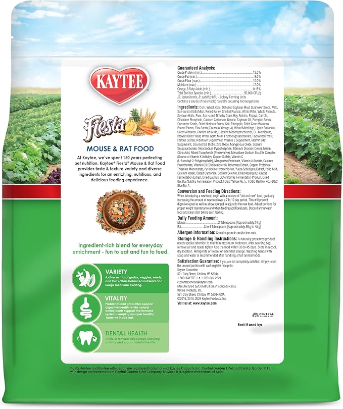 Kaytee Fiesta Mouse & Rat Food, Nutritious Blend, 4.5 Pounds | More mealtime fun. Mouse food blend. Fruits, veggies, rat enrichment