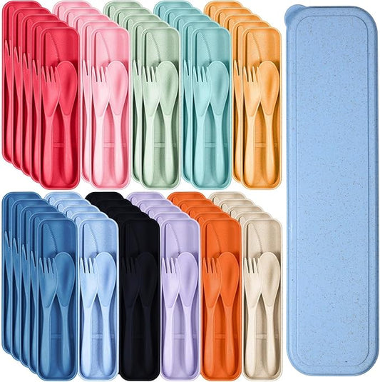 Yahenda 55 Sets Reusable Travel Utensils Set with Case Wheat Straw Cutlery Portable Spoon Knife Fork Tableware Lunch Box Bulk for Adults Travel Picnic Camping Utensils Gifts (Colorful Colors)
