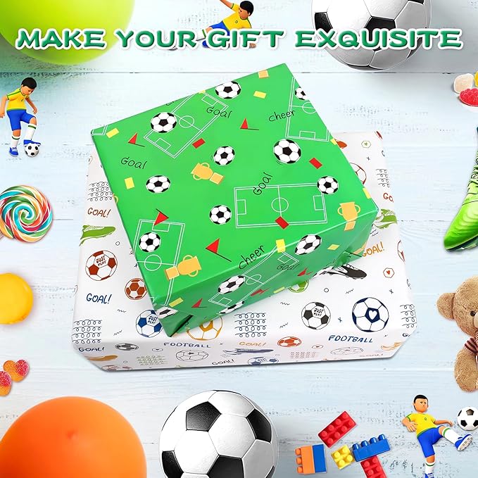 Ribbion Wrapping Paper Football Sheets with Sport Soccer Green White Mixed Design, Gift Wrap Set for Present, 6 Sheets, 28"Lx20"W per Sheet